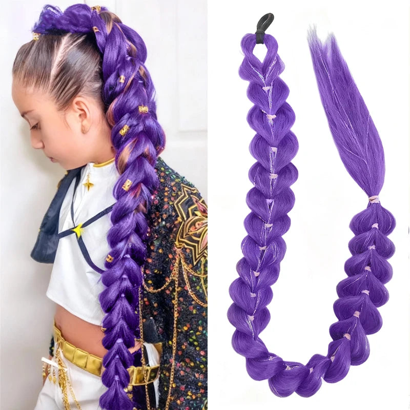 32 Inch Purple Braided Ponytail With Tinsel Hair Extension