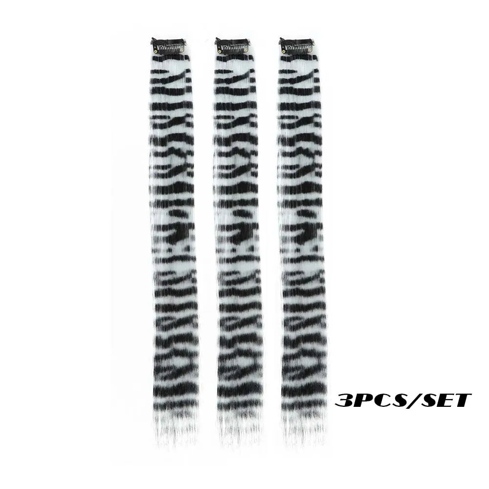 Colorful Stripe Clip In Hair Extensions Long Straight Set