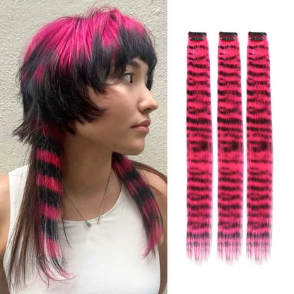 Colorful Stripe Clip In Hair Extensions Long Straight Set