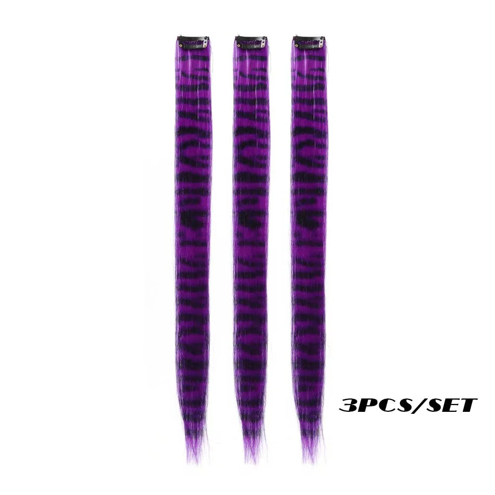 Colorful Stripe Clip In Hair Extensions Long Straight Set