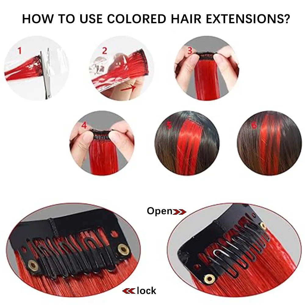 Colorful Stripe Clip In Hair Extensions Long Straight Set