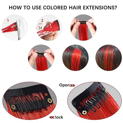 Colorful Stripe Clip In Hair Extensions Long Straight Set