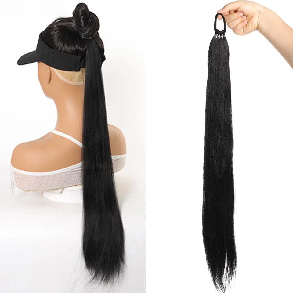 28 Inch Straight Ponytail Extension Synthetic Elastic Hair