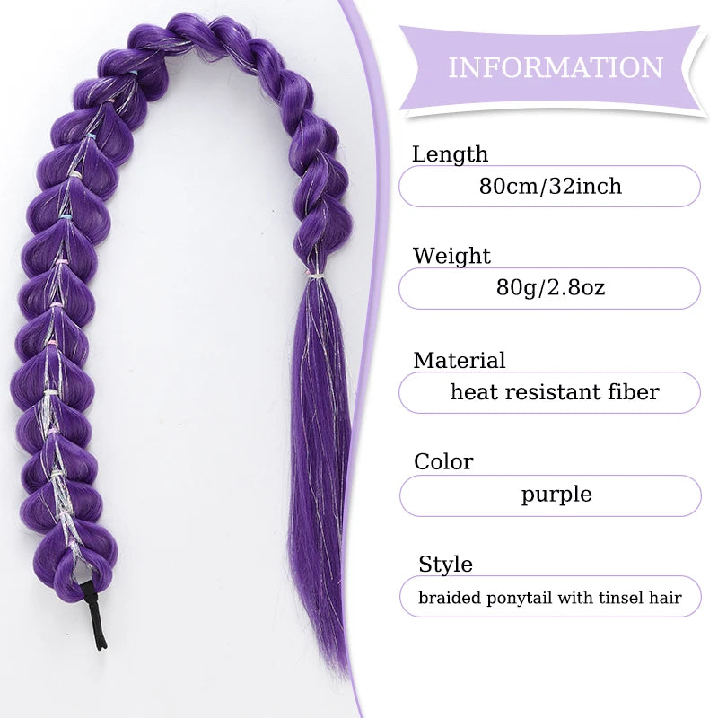 32 Inch Purple Braided Ponytail With Tinsel Hair Extension