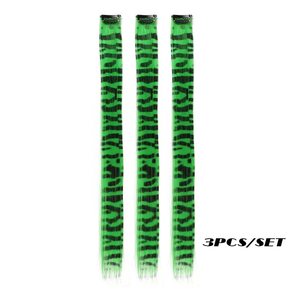 Colorful Stripe Clip In Hair Extensions Long Straight Set