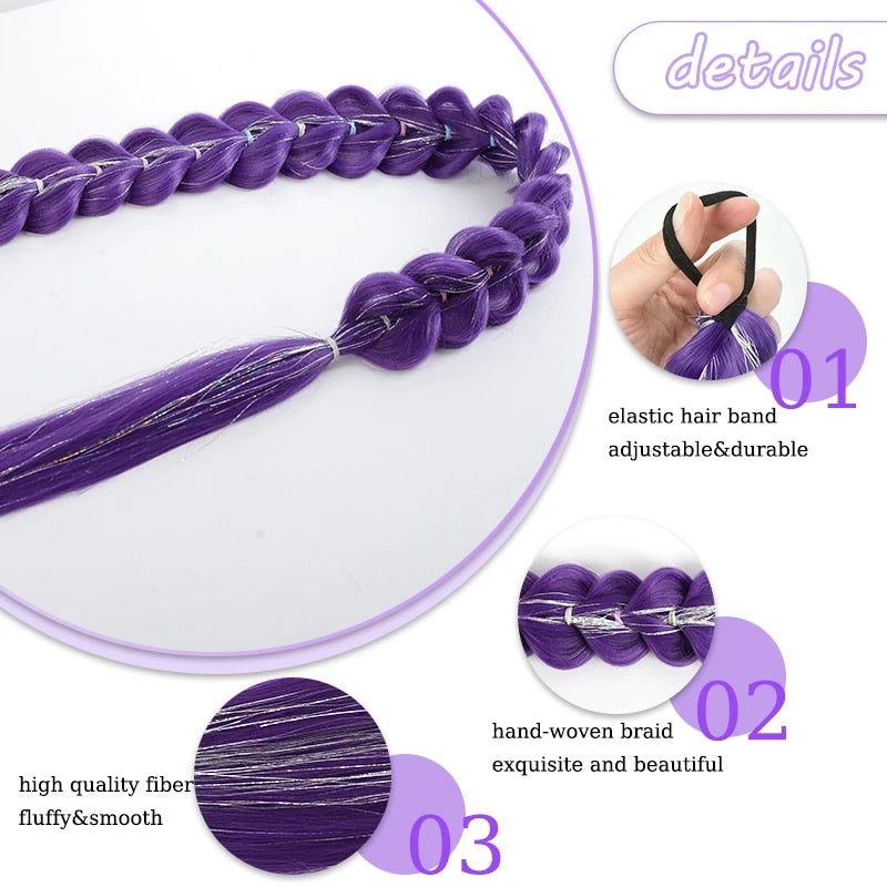 32 Inch Purple Braided Ponytail With Tinsel Hair Extension