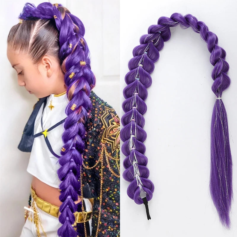 32 Inch Purple Braided Ponytail With Tinsel Hair Extension