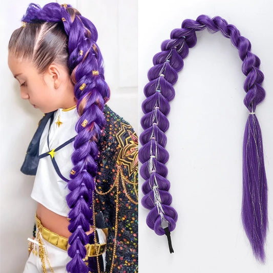 32 Inch Purple Braided Ponytail With Tinsel Hair Extension